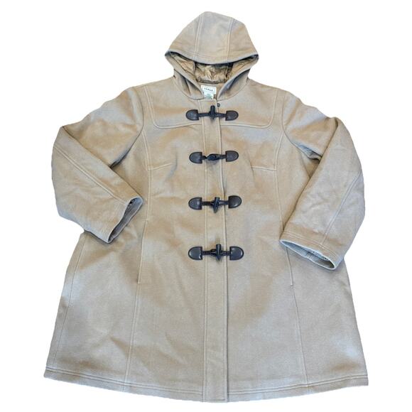 LL Bean Duffle Hooded Coat Women's 3X Camel Beige 100% Wool Toggle Vintage - Picture 1 of 6